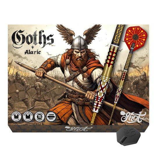 Freccette in acciaio Shot Goths Alaric Turbo Point - 23 g Hier sieht man die Shot Goths Alaric Turbo Point Steeldarts - 23g. Sie sind ideal für Präzision und Kontrolle.