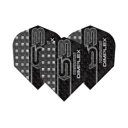 Voli Harrows Dimplex S3 - Smokey Das Bild zeigt drei Dartflights des Modells "Harrows Dimplex S3" in der Farbe Smokey. Die Flights haben ein schwarzes, graues Muster mit silberner Beschriftung.