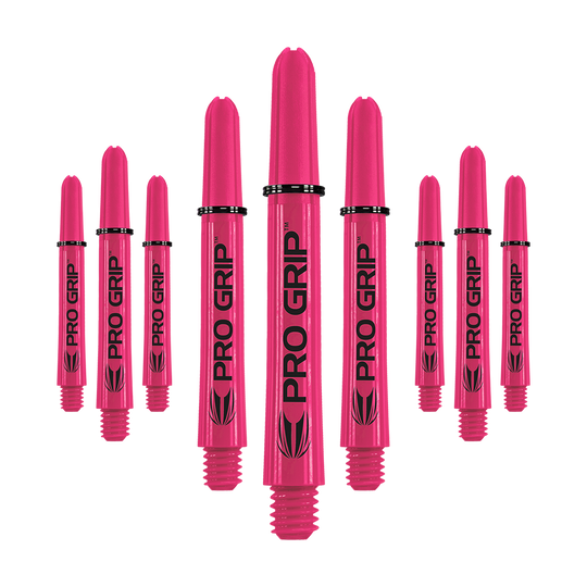 Target Pro Grip Shafts - 3 set - Rosa Das Bild zeigt neun pinke Dartshafts mit der Aufschrift "PRO GRIP". Die Shafts sind in drei Reihen angeordnet und heben sich deutlich vor dem weißen Hintergrund ab.