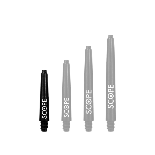 Das Bild zeigt vier schwarze McDart Scope Nylon Shafts in unterschiedlichen Längen. Auf jedem Schaft steht das Wort "SCOPE" in weißer Schrift.
