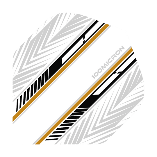 Voli Pentathlon bianchi/neri/oro Das Bild zeigt das Produkt "Pentathlon White Black Gold No2 Standard Flights". Das Flight ist überwiegend weiß mit schwarzen, goldenen und grauen Mustern sowie der Aufschrift "100 MICRON".
