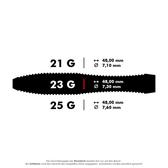 Freccette in acciaio V-Wing Harrows Anniversary Edition Das Bild zeigt die Spezifikationen von Steeldarts mit den Gewichten 21 g, 23 g und 25 g. Länge und Durchmesser der Darts sind jeweils angegeben, wobei alle Darts 48,00 mm lang sind und sich im Durchmesser unterscheiden.