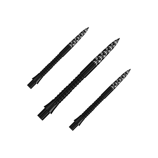 Dieses Bild zeigt ein Set von Mission Caliburn EVO GV-Logo Steeldartspitzen in Schwarz, 32 mm. Die Dartspitzen sind für professionelle Dartspiele geeignet.