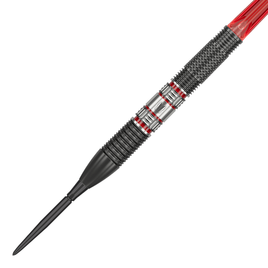 Freccette in acciaio Target Gabriel Clemens 95K Swiss Point Das Bild zeigt einen Target Gabriel Clemens 95K Swiss Point Steeldart. Der Dart hat ein modernes Design mit schwarzen, silbernen und roten Akzenten.