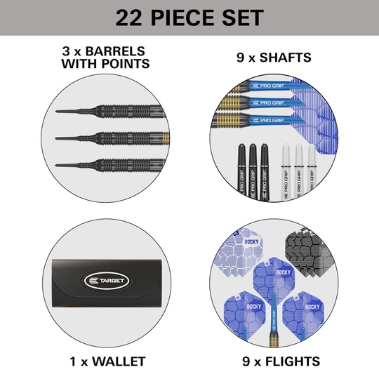 Freccette morbide Target Josh Rock Brass - 18 g Das Bild zeigt das 22-teilige Set "Target Josh Rock Brass Softdarts - 18g". Es enthält 3 Barrels mit Spitzen, 9 Shafts, 1 Wallet und 9 Flights.