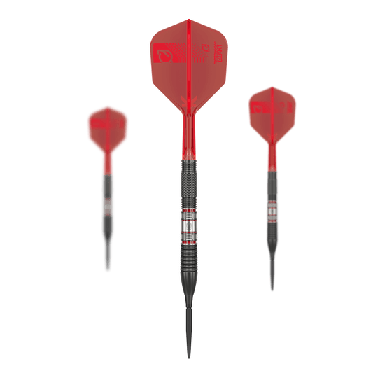 Freccette in acciaio Target Gabriel Clemens 95K Swiss Point Das Bild zeigt drei Steeldarts des Modells „Target Gabriel Clemens 95K Swiss Point“. Die Darts haben schwarze Spitzen, schwarze Griffbereiche und rote Flights.