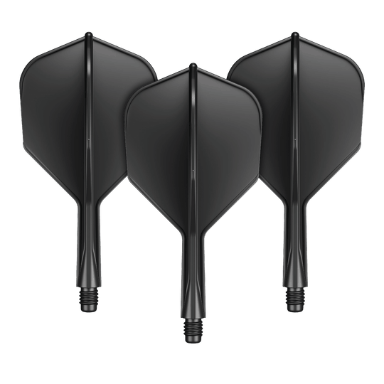Sistema di alberi di volo GOAT A1R No6 - Nero Das Bild zeigt drei schwarze Dart-Flights mit integriertem Shaft. Sie sind nebeneinander angeordnet und verfügen über einen kurzen Schaft mit Schraubgewinde.