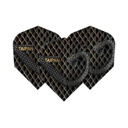 HR25_Harrows_Taipan_Gold_Standard_Flights_1rWBzLDPpGAqsg Das Bild zeigt drei Harrows Taipan Standard Flights für Darts. Die Flights haben ein schwarzes und goldenes Schuppenmuster mit einem Schlangenmotiv.