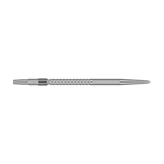 Punte per freccette Target Swiss Firepoint Silver Das Bild zeigt eine silberne Dartspitze mit einem gerillten, strukturierten Design. Sie ist lang und schmal, mit einer spitzen Spitze am rechten Ende.