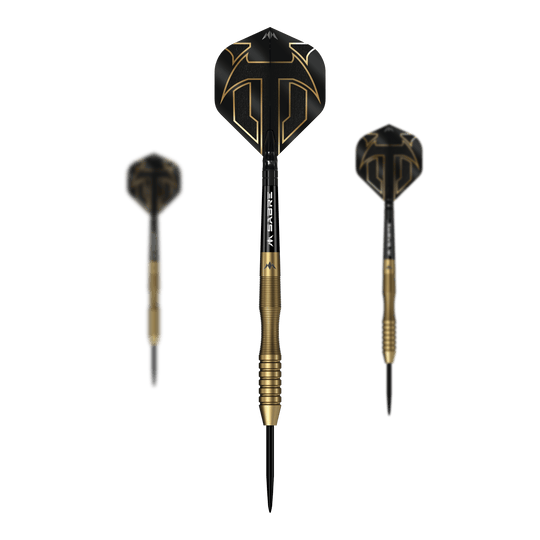 Freccette Mission Viktor Tingstrom Gold Steel - 22 g Mission Viktor Tingstrom Gold Steeldarts - 22g als Set dargestellt. Das Foto zeigt das komplette Set der Steeldarts.