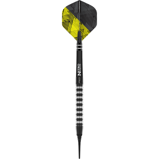 Das Bild zeigt einen Red Dragon Razor Edge Elite Softdart mit einem Gewicht von 20 Gramm. Der Dartpfeil hat ein schwarzes und silbernes Design mit einem strukturierten Griff.