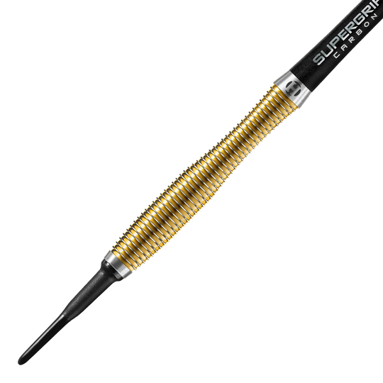 Freccette morbide V-Wing Harrows Anniversary Edition - 18 g Das Bild zeigt einen goldfarbenen Softdart der Marke Harrows, Modell Anniversary Edition V-Wing mit 18g Gewicht. Der Dart hat eine strukturierte Griffzone und eine schwarze Kunststoffspitze.