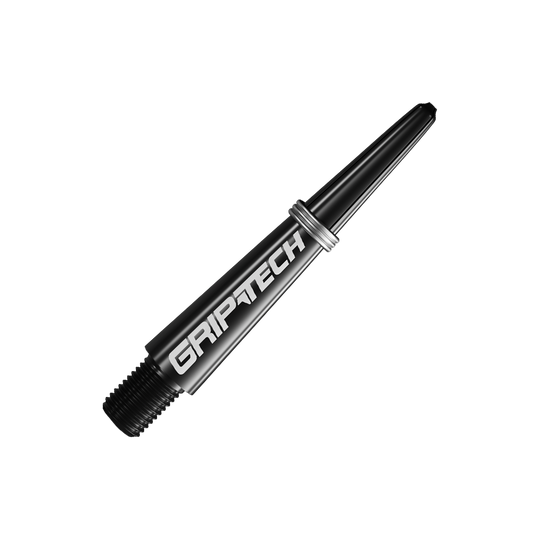 Alberi GOAT Griptech - Neri Das Bild zeigt einen schwarzen Dart-Schaft mit der Aufschrift "GRIPTECH". Der Schaft wirkt robust und hat metallische Akzente.