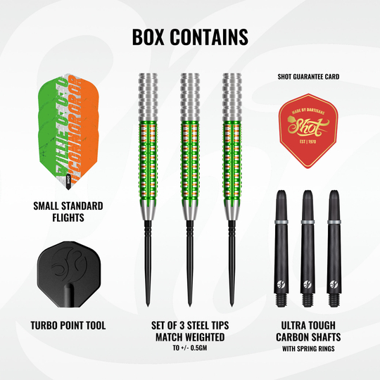 Shot Pro Series Willie O'Connor Turbo Point Steeldarts Shot Pro Series Willie O'Connor Turbo Point Steeldarts sind Dartpfeile mit auffallendem Griffmuster. Das Set liegt nebeneinander.