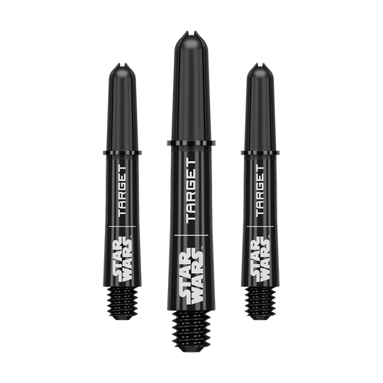 Aste Target Star Wars ProGrip - Nere Abgebildet ist das Produkt mit dem Dateinamen 380420_Target_StarWars_ProGrip_Shafts_Schwarz_Short_34mm_1Set. Vermutlich handelt es sich um schwarze ProGrip Shafts für Darts, Modell Star Wars, in kurzer Ausführung.