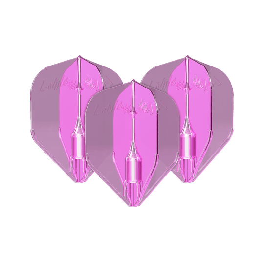 Alette L-Style Fantom L3EZ rosa trasparente Das Bild zeigt drei klare, pinke Dartflights des Modells "L-Style Fantom L3EZ". Die Flights sind transparent und haben eine leuchtend pinke Farbe.