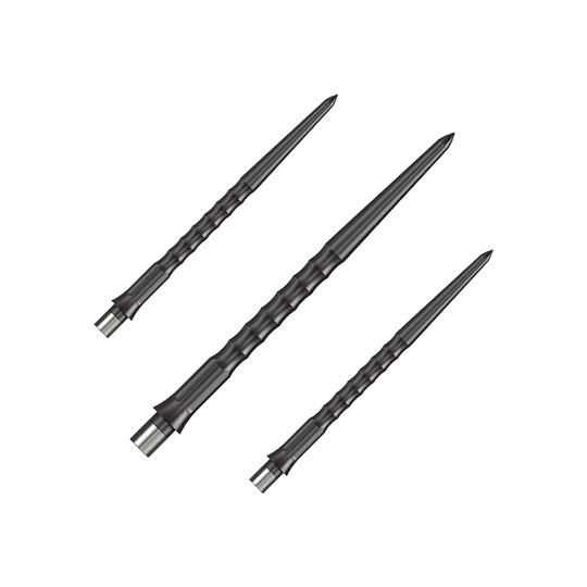Punte Caliburn System Steeldart - Ripple - NoLip - Nere Dargestellt ist ein Set schwarzer Steeldartspitzen mit Ripple NoLip Design, 36 mm lang. Diese sind Bestandteil des Caliburn Evo Systems.