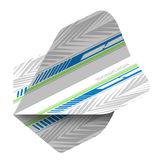 Voli Pentathlon bianchi/blu/verdi Das Bild zeigt ein Dartflight mit dem Namen "Pentathlon White Blue Green No2 Standard Flights". Das Design ist überwiegend weiß und grau mit blauen und grünen Streifen sowie einem chevronartigen Muster.