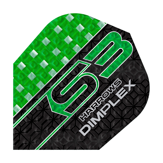 Harrows Dimplex S3 Flights - Verde Das Bild zeigt ein Harrows Dimplex S3 Dart Flight in grün und schwarz mit geometrischem Muster. Auf dem Flight steht "S3 Harrows Dimplex" in auffälliger Schrift.