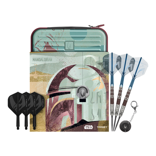 Dardi in acciaio Target Star Wars Mandalorian 95 Swiss Point Abgebildet sind Target Star Wars Mandalorian 95 Swiss Point Steeldarts. Diese Darts haben ein einzigartiges Mandalorian-Design.