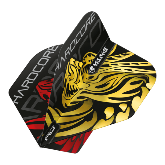 Voli standard Red Dragon Jonny Clayton Gold Red Yin Yang Das Bild zeigt die Red Dragon Jonny Clayton Gold Red Yin Yang Standard Flights mit einem auffälligen goldenen und roten Design. Die Flights haben ein Hardcore-Branding und einen stilisierten Yin-Yang-Druck.
