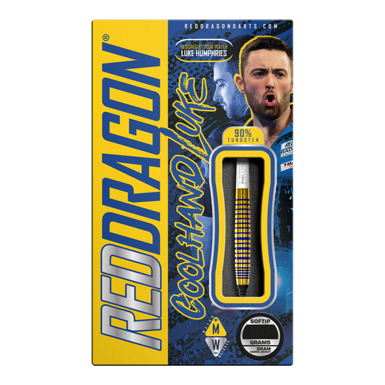 Freccette morbide Red Dragon Luke Humphries TX3 Gold SE - 20 g Die Verpackung zeigt die "Red Dragon Luke Humphries TX3 Gold SE Softdarts - 20g". Auf der Box sind ein Dartpfeil, das Bild eines Spielers und auffällige gelbe und blaue Grafiken zu sehen.