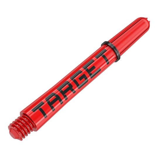 Aste Target Pro Grip TAG - 3 set - Rosso Das Bild zeigt einen roten Dartschafte mit der Aufschrift "TARGET" in schwarzen Buchstaben. Der Schaft hat ein Schraubgewinde und einen schwarzen Gummiring.