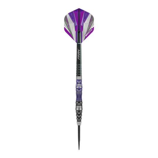 Freccette in acciaio Winmau Simon Whitlock Special Edition 2020 Das Bild zeigt den Winmau Simon Whitlock Special Edition 2020 Steeldart. Der Dart hat ein auffälliges Design mit lila, schwarzen und silbernen Akzenten.