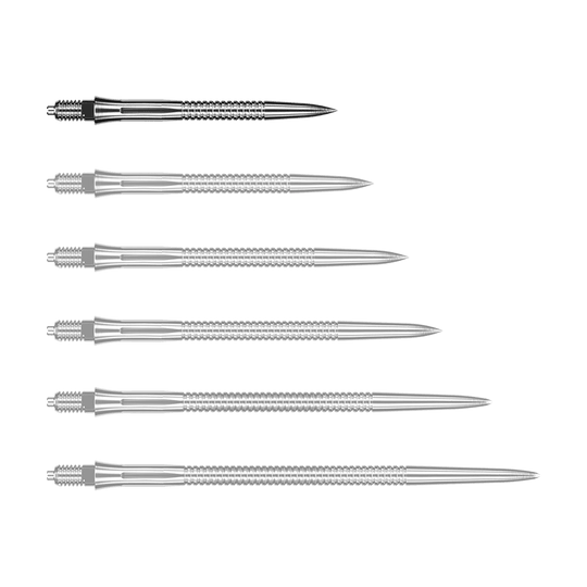 Punte per freccette Caliburn EZ-EVO - Scanalate - Argento Das Bild zeigt eine silberne Dartspitze mit Rillen. Die Dartspitze ist 28 mm lang.