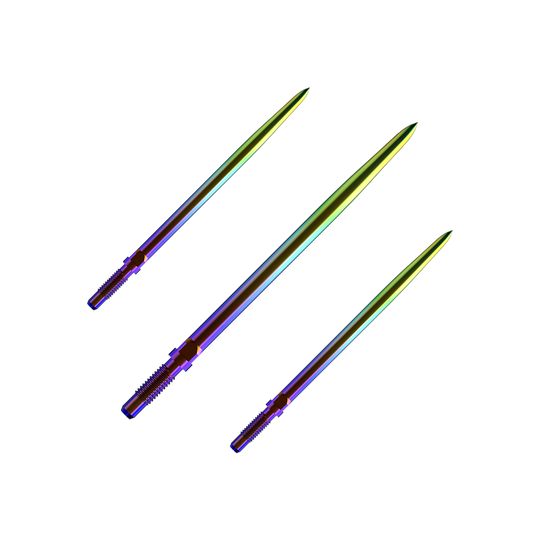 Punte per freccette convertibili Bulls NL - Lisce - Arcobaleno Ein Bild mit dem Dateinamen BU57716_BullsNL_Convertible_Points_Smooth_Rainbow_36mm_1Set. Es zeigt wahrscheinlich ein Set von Dartspitzen in Regenbogenfarben.
