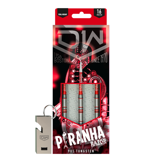 Freccette in acciaio DW Piranha Razor 01 Das Bild zeigt die Verpackung der "DW Piranha Razor 01 Steeldarts". In der Packung sind drei Darts aus 90% Tungsten und ein silberner Schlüsselanhänger enthalten.