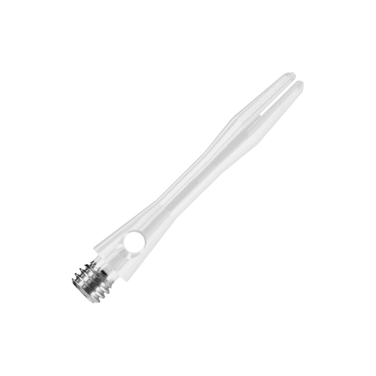 Das Bild zeigt einen weißen Harrows Keramic Shaft für Dartpfeile. Der Schaft hat ein glattes, leicht durchsichtiges Design mit einem Metallgewinde am Ende.