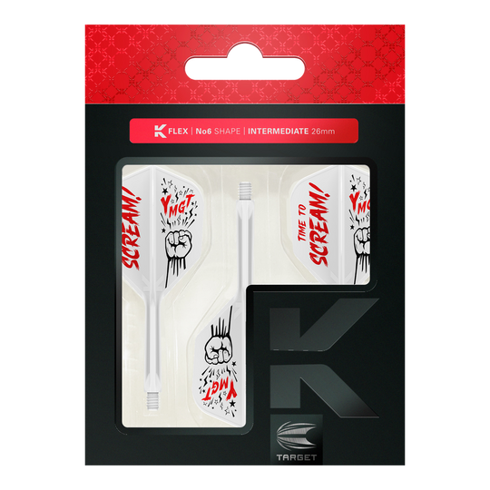 Sistema di albero di volo Target Japan K-Flex Scream No6 Das Bild zeigt das Produkt „Target Japan K-Flex Scream No6 Flight-Shaft-System“ in seiner Verpackung. Die Flights sind weiß mit roten und schwarzen Grafiken und dem Schriftzug „TIME TO SCREAM!“.
