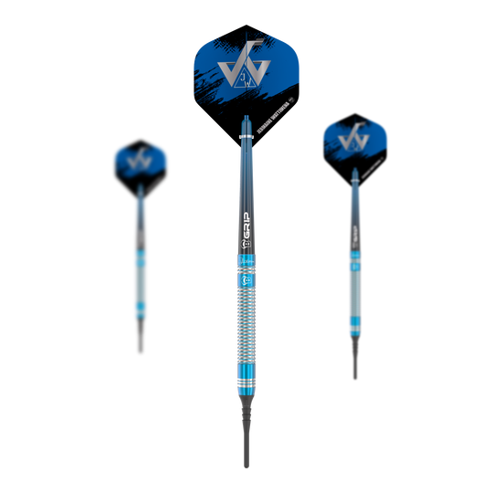 Bulls Jermaine Wattimena Generation 3 Soft Darts - 20 g Das Bild zeigt die Bulls Jermaine Wattimena Generation 3 Softdarts mit einem Gewicht von 20g. Die Darts haben ein blau-silbernes Design mit schwarzen und blauen Flights.