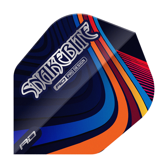 Das Bild zeigt ein Dart-Flight mit dem Aufdruck "Snakebite" und farbenfrohen, geschwungenen Linien. Das Design ist modern und hebt sich durch seine bunten Muster hervor.
