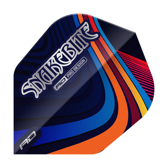 Voli Red Dragon Peter Wright Snakebite Multi Swirl No6 Das Bild zeigt ein Dart-Flight mit dem Aufdruck "Snakebite" und farbenfrohen, geschwungenen Linien. Das Design ist modern und hebt sich durch seine bunten Muster hervor.