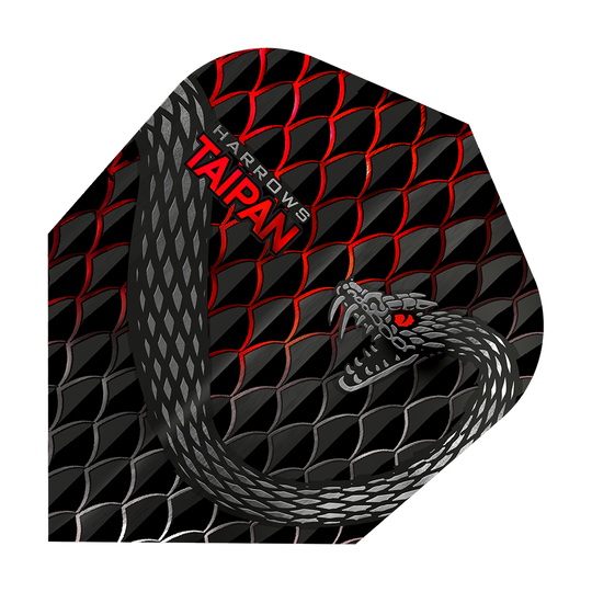 HR27_Harrows_Taipan_Rot_Standard_Flights_1 Das Bild zeigt das Produkt "Harrows Taipan Standard Flights" mit einem auffälligen Schlangendesign. Die Oberfläche ist mit schwarzen und roten Schuppenmustern sowie einer gezeichneten Schlange verziert.
