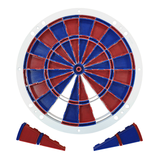 Ricambi Löwen Dart 82 segmenti e set di ragni Auf dem Bild ist ein Ersatzteil-Set für eine elektronische Dartscheibe zu sehen. Die Segmente sind abwechselnd rot und blau gefärbt und werden von einem weißen Rahmen gehalten.
