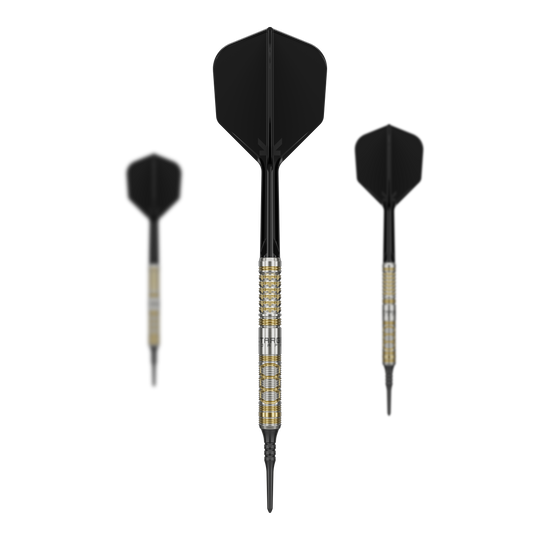 Target Japan Black Marque Reyn GEN2 Freccette morbide - 17,5 g Das Bild zeigt drei Softdarts des Modells "Target Japan Black Marque Reyn GEN2" mit einem Gewicht von 17,5g. Die Darts haben schwarze Flights und einen metallisch gold-silbernen Schaft.