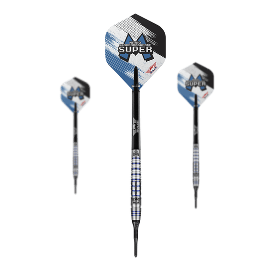 Bulls NL Mario Vandenbogaerde 90% Softdarts - 20g Auf dem Bild sind drei Softdarts des Modells "Bulls NL Mario Vandenbogaerde 90% Softdarts - 20g" zu sehen. Die Darts haben silberne und blaue Akzente mit dem Namen des Spielers auf den Flights.
