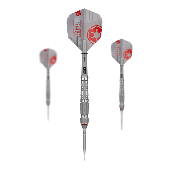 Dardi in acciaio Swiss Point a punta, bersaglio Star Wars AT-AT Auf dem Bild ist das Produkt Target Star Wars AT-AT Swiss Point Steeldarts im Set zu sehen. Es zeigt die Zusammenstellung der Dartpfeile in ihrer Verpackung.