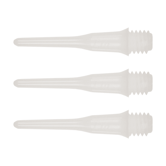 SLIP-W-Short_Lippoints_50er_White_1 Das Bild zeigt drei kurze, durchsichtige Spitzen mit Gewinde. Es handelt sich um "Short Lippoints" aus einer 50er Packung für Dartpfeile.