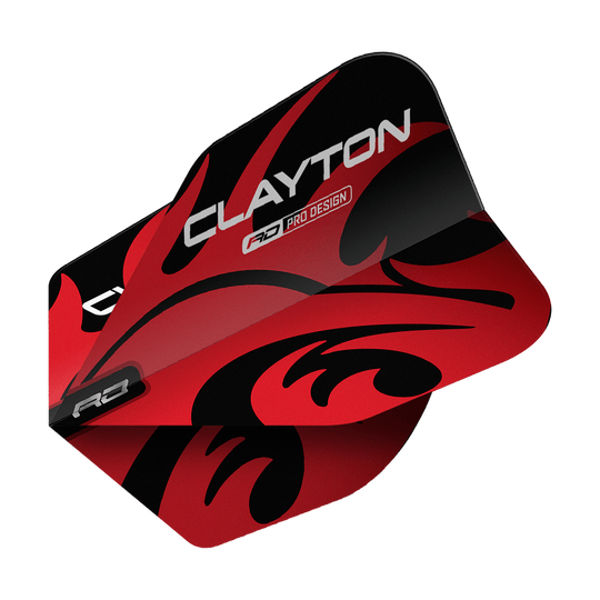 Das Bild zeigt ein Dart-Flight mit dem Produktnamen "Red Dragon Jonny Clayton Red Black No6 Flights". Das Flight ist rot und schwarz gestaltet und trägt den Schriftzug „CLAYTON“.