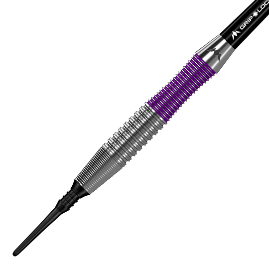 Freccette morbide Mission Phantom Brass - 18 g Das Bild zeigt den Mission Phantom Brass Softdart mit einem Gewicht von 18 Gramm. Der Dart hat ein silbernes Griffstück mit lila Akzenten und einer schwarzen Spitze.