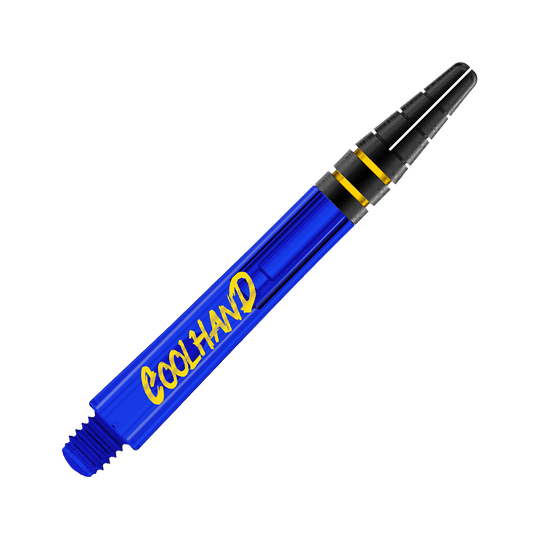 Alberi Red Dragon Nitrotech Luke Humphries Coolhand - Blu Das Bild zeigt einen blauen Dart-Schaft mit der gelben Aufschrift "COOLHAND". Der obere Teil des Schafts ist schwarz mit zwei goldenen Ringen.