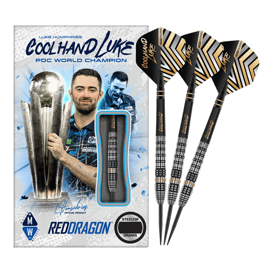 Freccette in acciaio Prestige Red Dragon Luke Humphries Das Bild zeigt eine Packung "Red Dragon Luke Humphries Prestige Steeldarts" mit einem Bild von Luke Humphries als PDC Weltmeister. Neben der Verpackung sind drei schwarz-silberne Steeldarts mit speziellen Flights abgebildet.