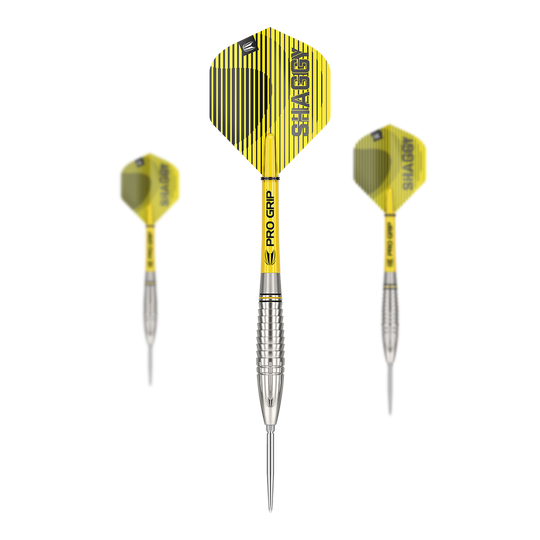 Freccette in acciaio Target Scott Williams GEN1 Swiss Point Das Bild zeigt drei Target Scott Williams GEN1 Swiss Point Steeldarts mit gelb-schwarzen Flights. Die Darts haben silberne Spitzen und Griffe mit „Pro Grip“-Schäften.