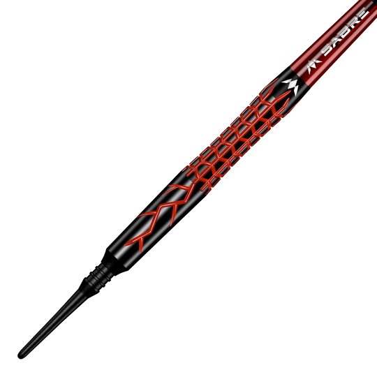 Freccette morbide Mission Lava - 20 g Das Bild zeigt den Mission Lava Softdart mit einem Gewicht von 20 Gramm. Der Dartpfeil hat ein auffälliges schwarzes und rotes Design mit geometrischem Muster auf dem Griff.