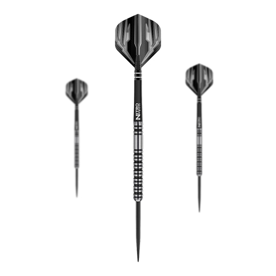 Red Dragon Dragonfly 3 dardi in acciaio Das Bild zeigt drei Steeldarts des Modells "Red Dragon Dragonfly 3". Die Darts haben ein schwarz-silbernes Design mit strukturiertem Griff.