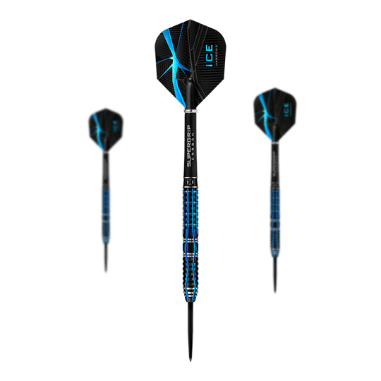 Freccette in acciaio Harrows Ice Recut Das Bild zeigt drei Steeldarts des Modells "Harrows Ice Recut". Die Darts sind schwarz mit blauen Akzenten und besitzen Flights mit einem Eismuster.